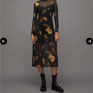 ALL SAINTS Black and Orange Leaf Print Dress